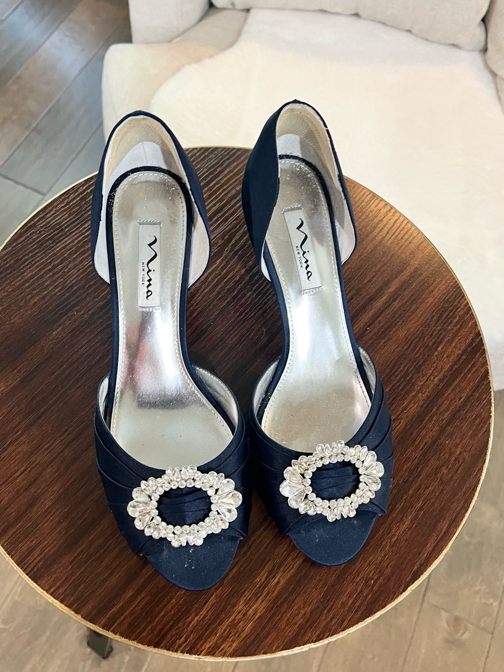 Nina Navy Satin Peep-Toe Heels with Crystal Embellishment